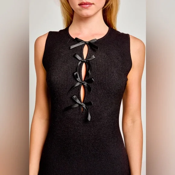 Satin Bow Cutout Knit Sleeveless Dress - Picture 5 of 5